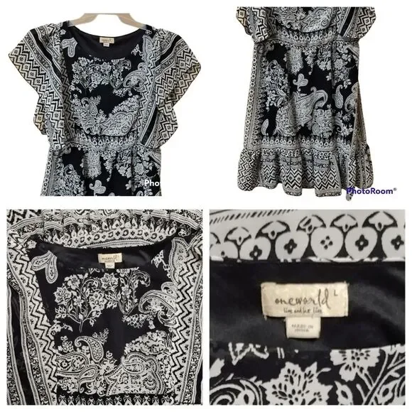 One World Dress Sz L Black White Flowy Paisley Blouson Sheath Tunic - Picture 3 of 8